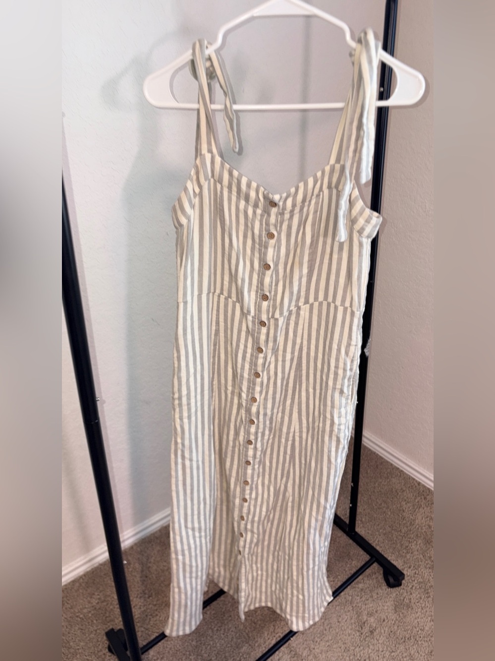 Faherty 100% Organic CStriped Cream and Tan Button-Front Tie-Shoulder Maxi Dress